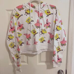 Size Small White Nickelodeon Sponge Bob/Patrick Print Cropped Long-Sleeve hoodie